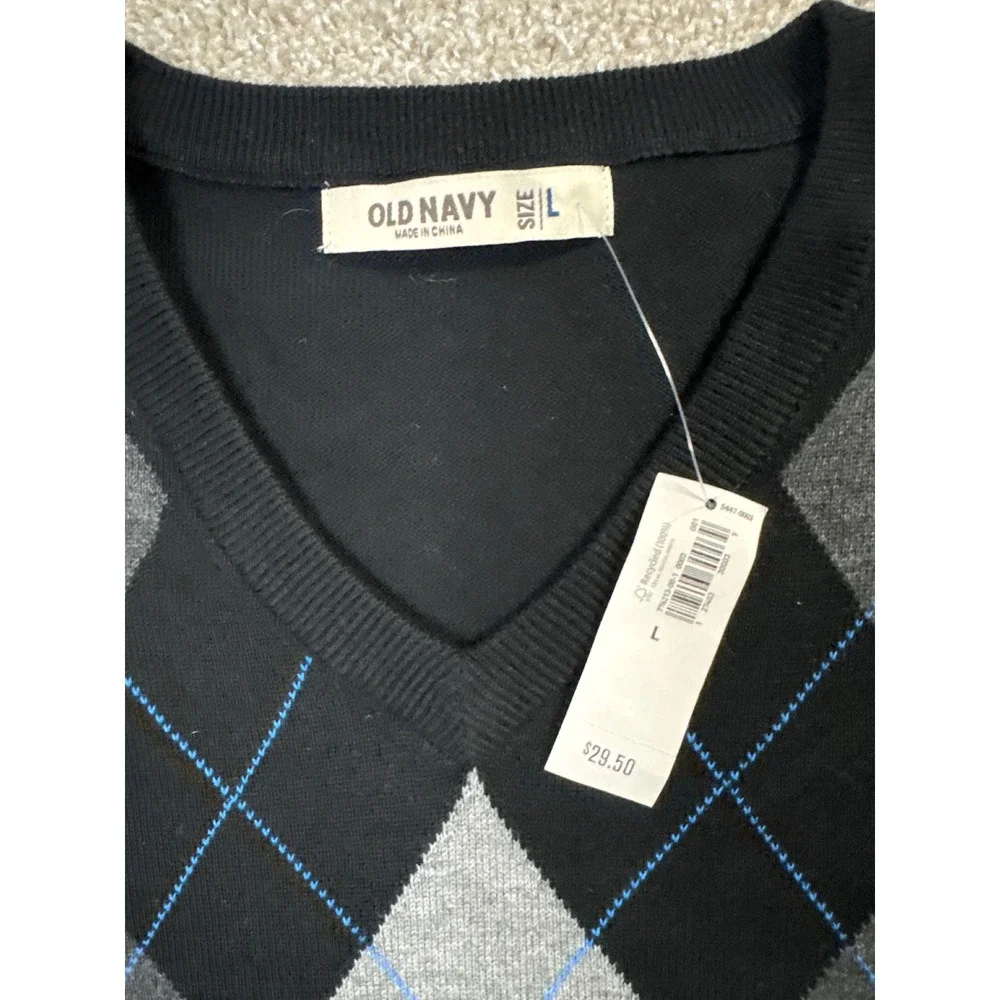 Old Navy Mens Argyle V-Neck Sweater Black Grey Blue Diamond Knit Pullover Large